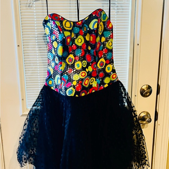 A.J. Bari Dresses & Skirts - Vintage 1980’s A.J. Bari Colorful Sequin Dress with Black Tulle Sz 8